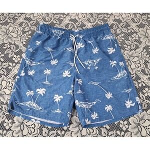 Old Navy Swim Trunks M Blue/Palm Trees Elastic Drawstring Waist Built in Brief